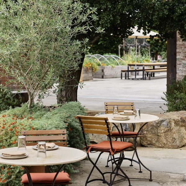 a table and chairs outside with trees and bushes