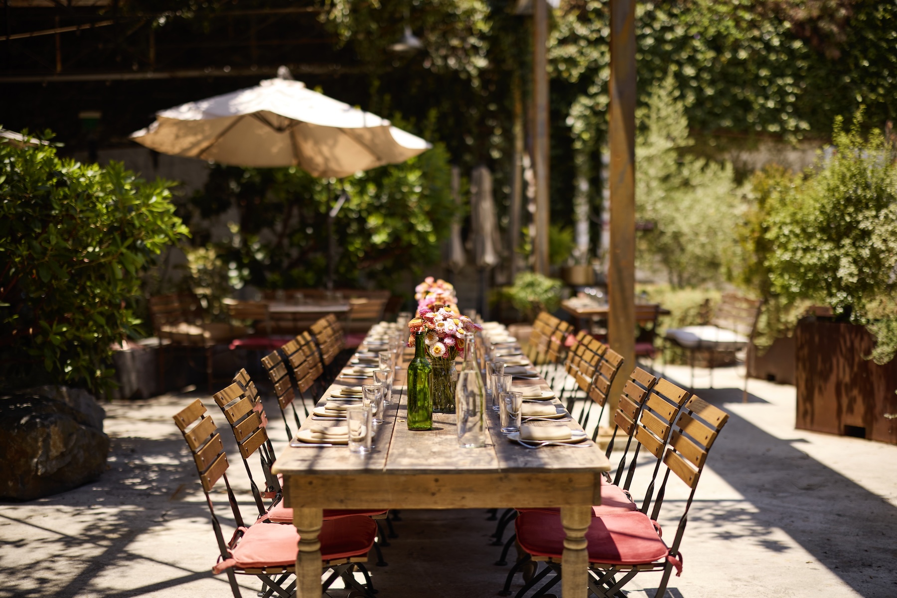Tables set up for events outside in the garden
