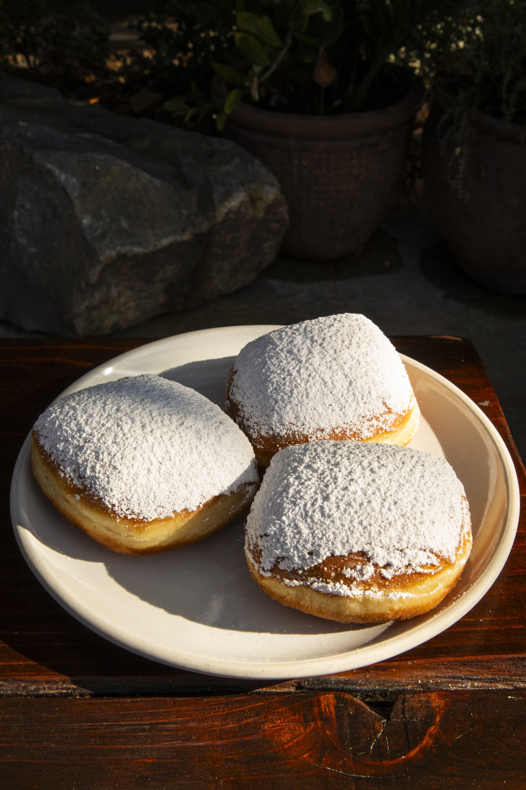 Beignets with powdered sugar, market jam