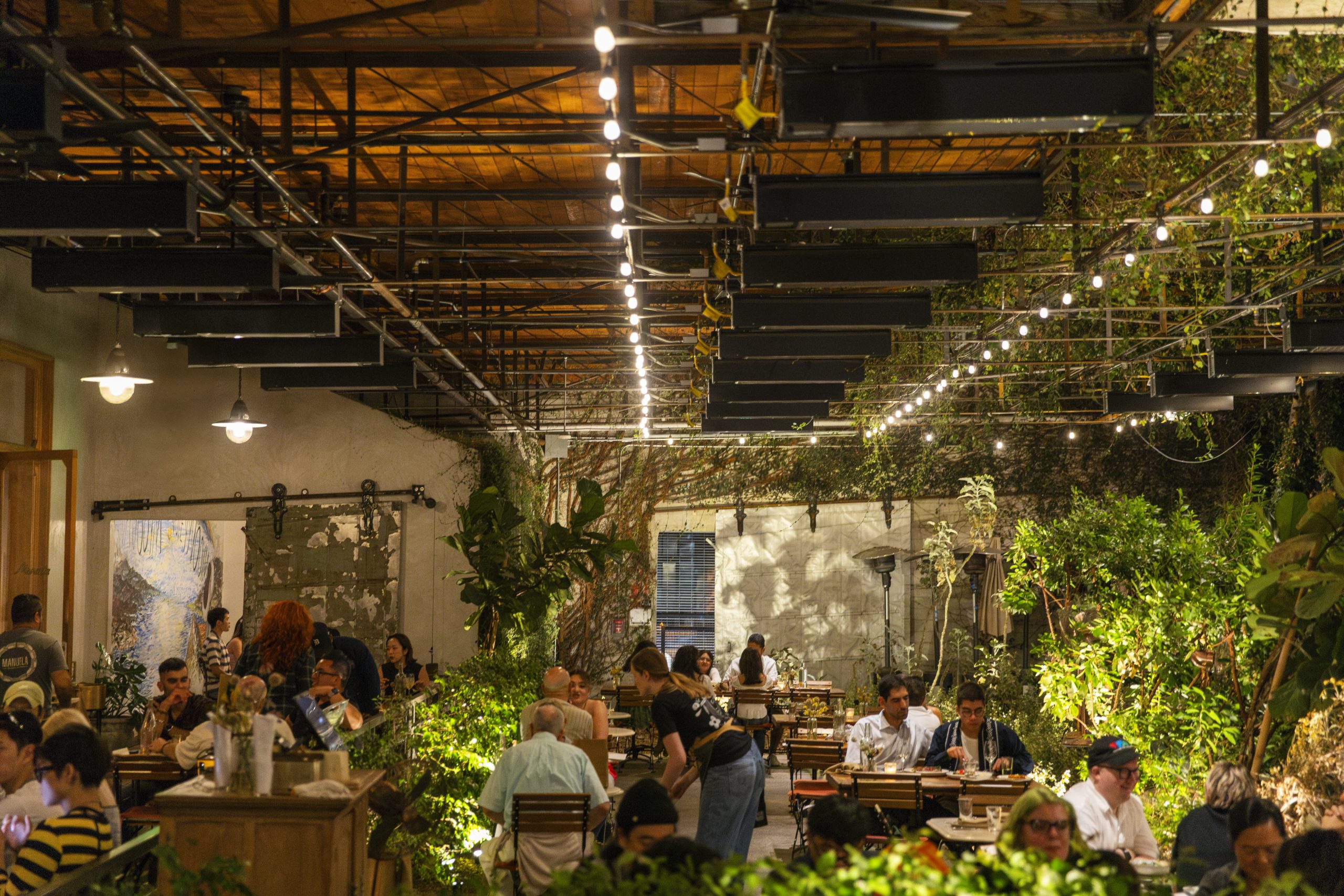 Manuela outdoor dining area with plenty of bushes and greenery, full of guests eating dinner. White string lights hang above.