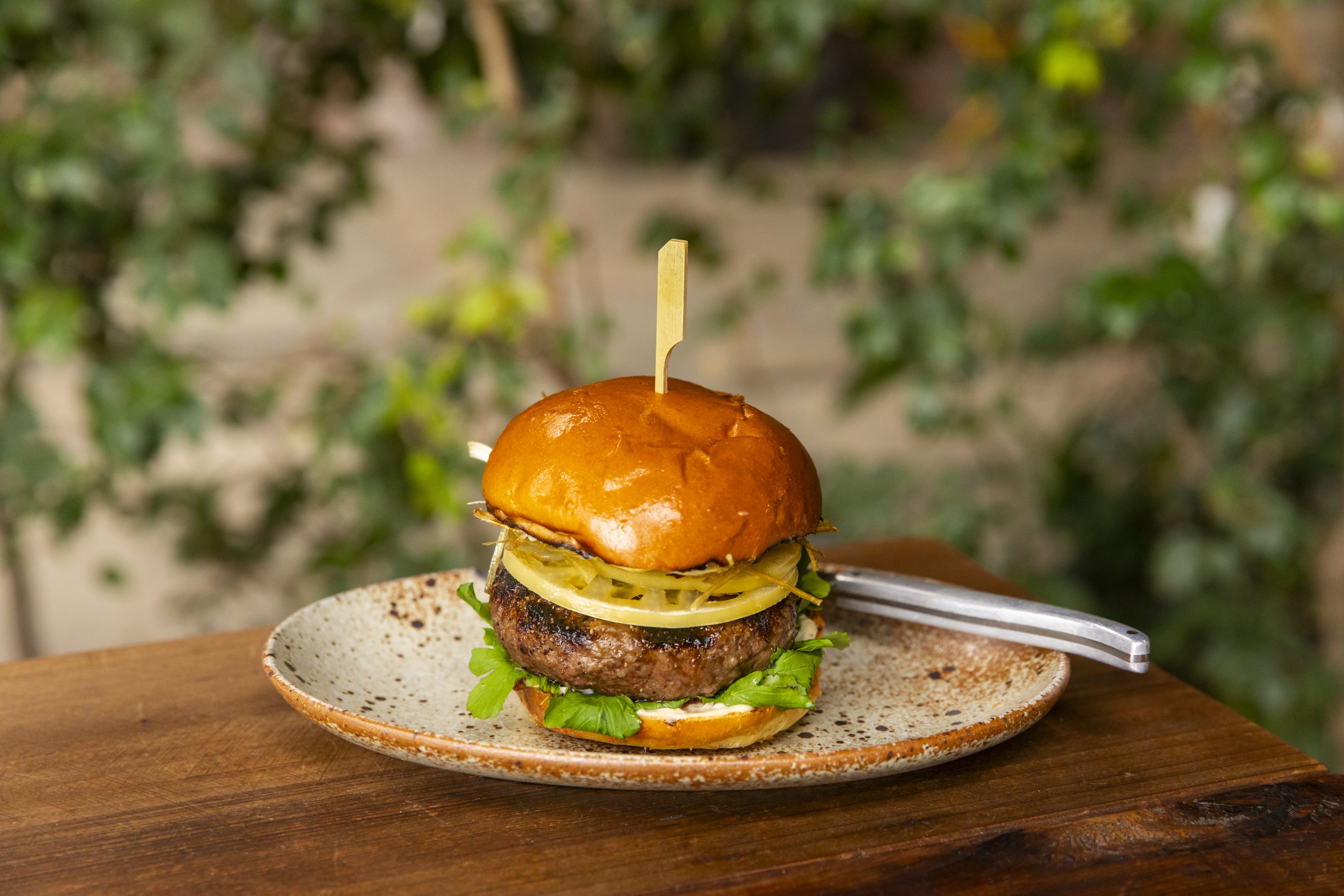 Venison burger, brioche, pickled green tomato, crisp leeks, roasted garlic aioli