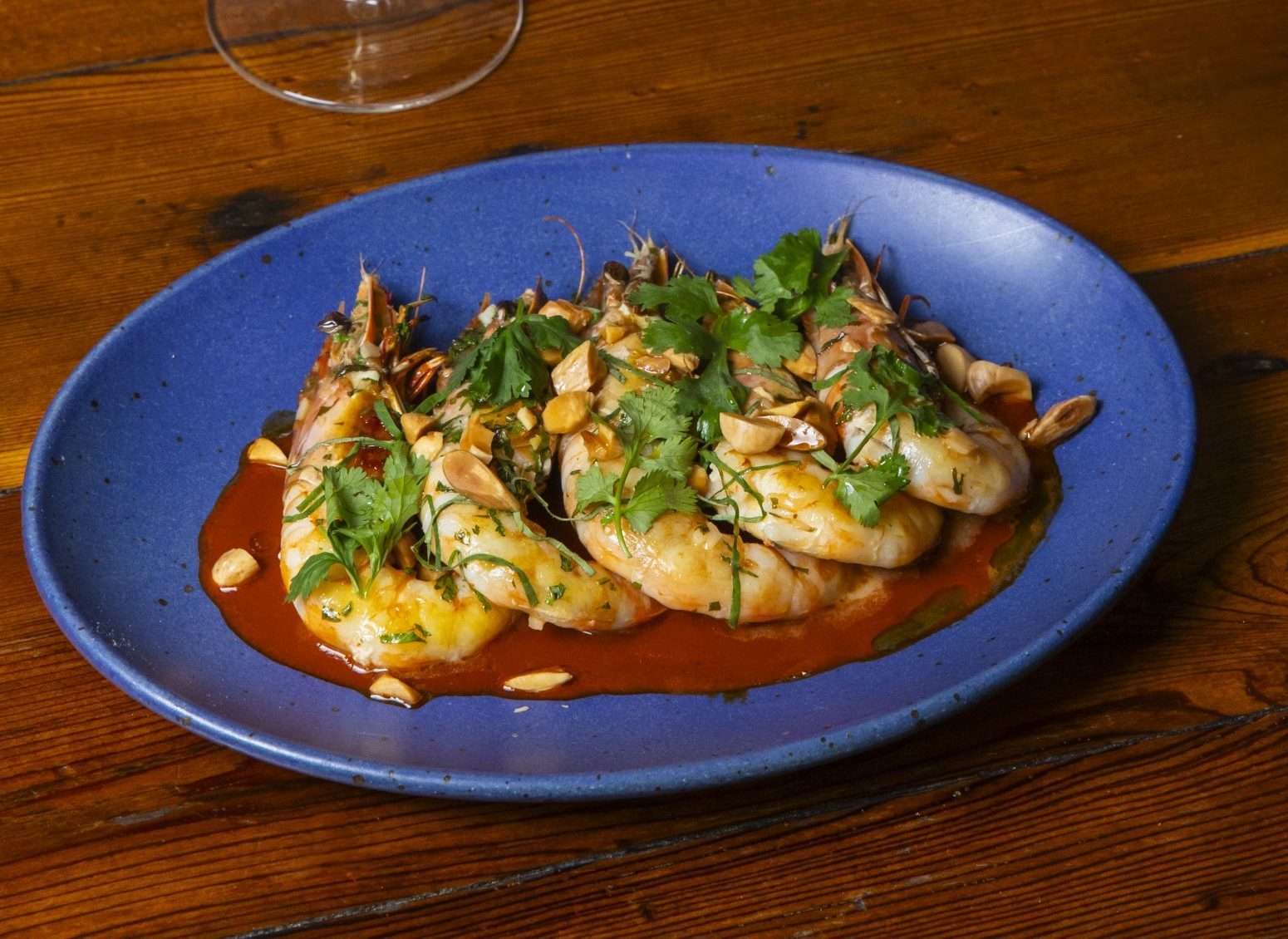 Royal red shrimp with mole amarillo, marcona almond, chili oil, hoja santa