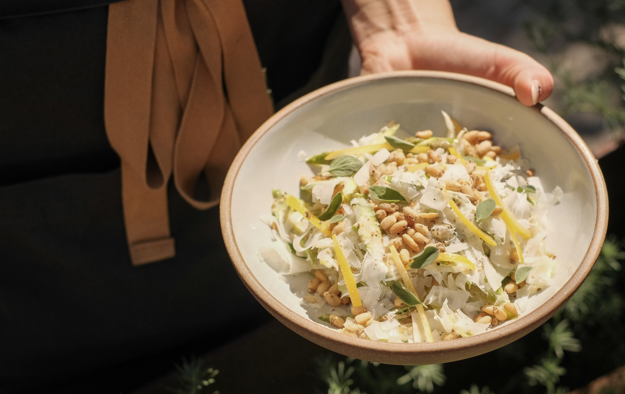Hand holding a shallow white bowl with shaved asparagus, fennel, white cheese, and toped with pine nuts.