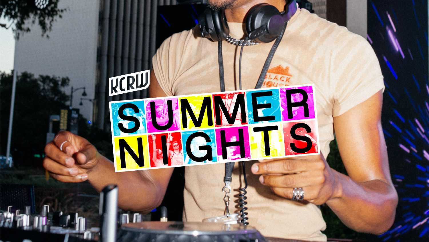 Photo of the torso of a DJ with headphones around their neck. A colorful KCRW Summer Nights logo is overlayed on top