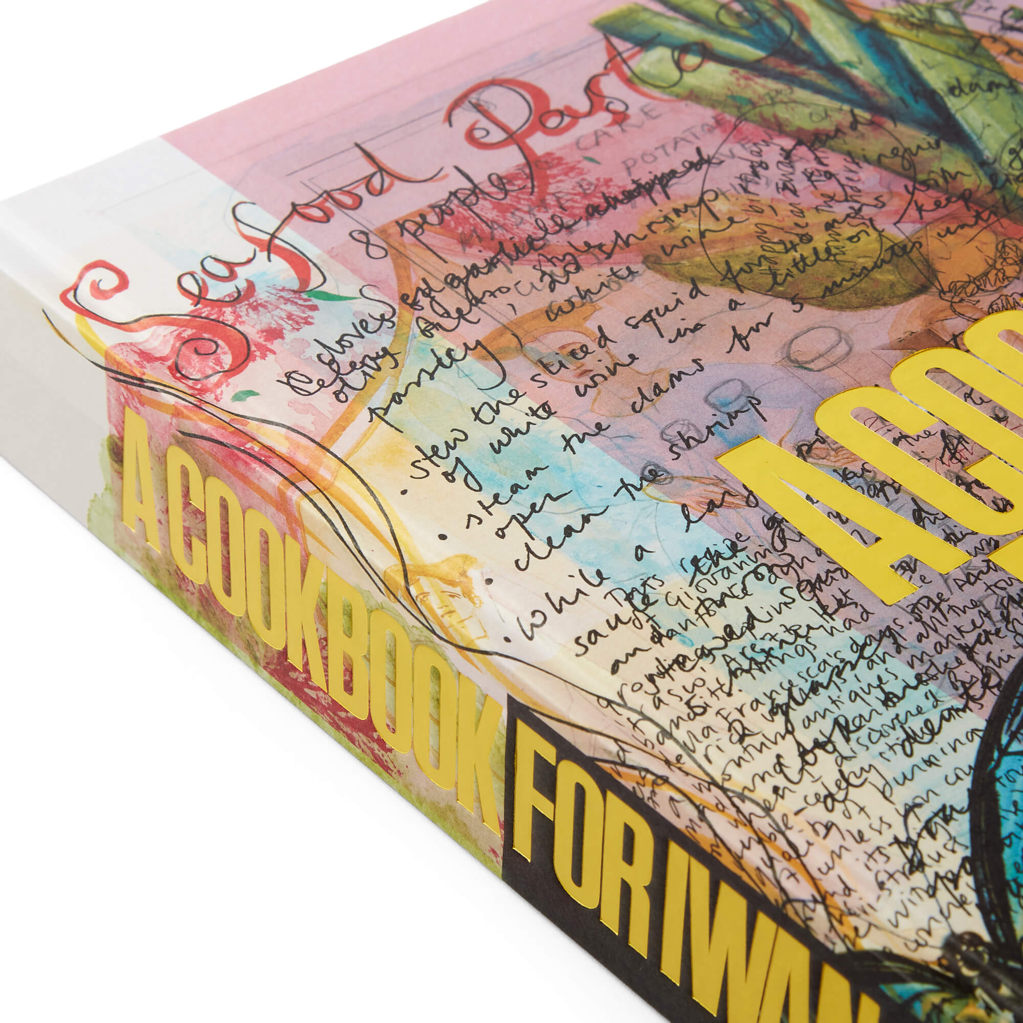 A close up of the top left corner of a colourful cookbook called A Cookbook for Iwan